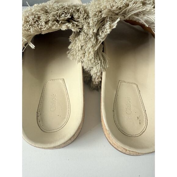 Chloé Nolan Tapestry Fringe Slides Sandals Size 36 Beige Boho Raffia Beaded Trim - Picture 6 of 14
